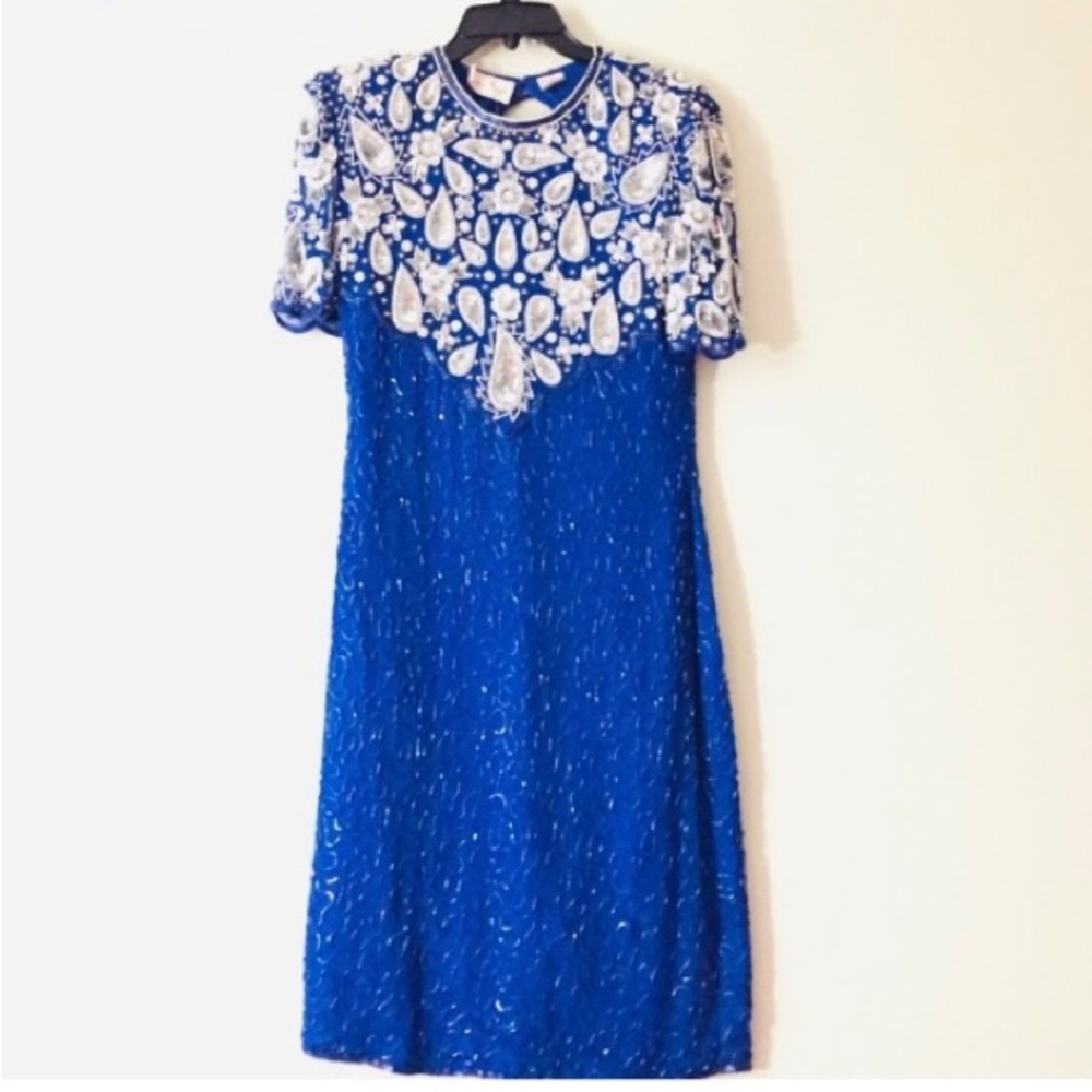 NWT women’s VINTAGE Small Lawrence Kazar beaded dress blue - Picture 1 of 11